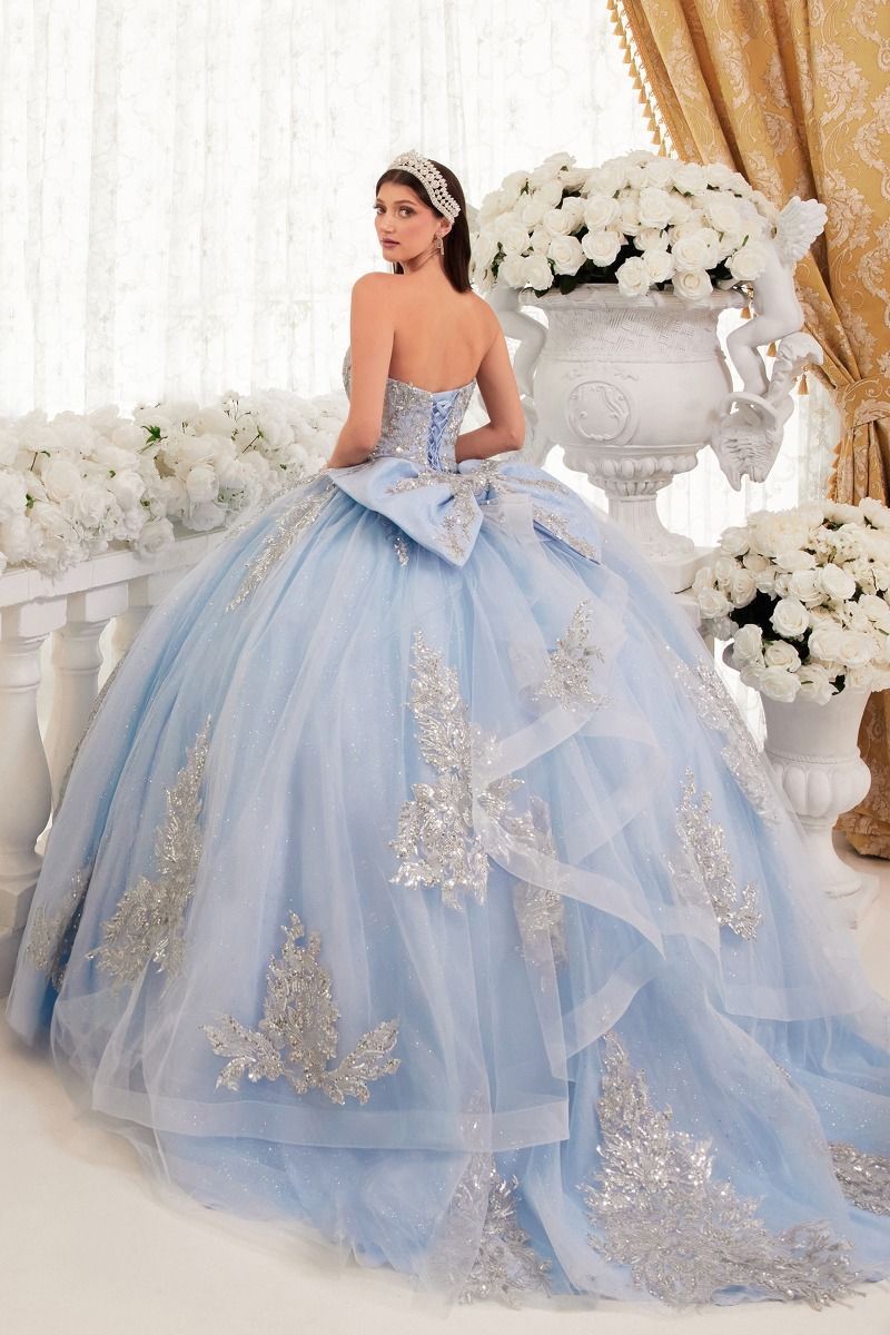 Blue and silver quinceañera gown
